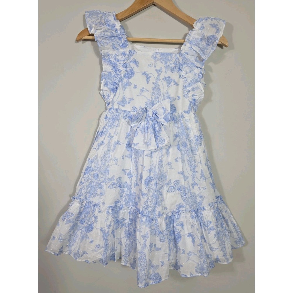 Bonnie Jean Blue Floral Dress Size 8 White Ruffle Bow Cottagecore Summer